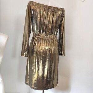 Tom and Linda Platt's 80s gold off shoulder dress sz.8